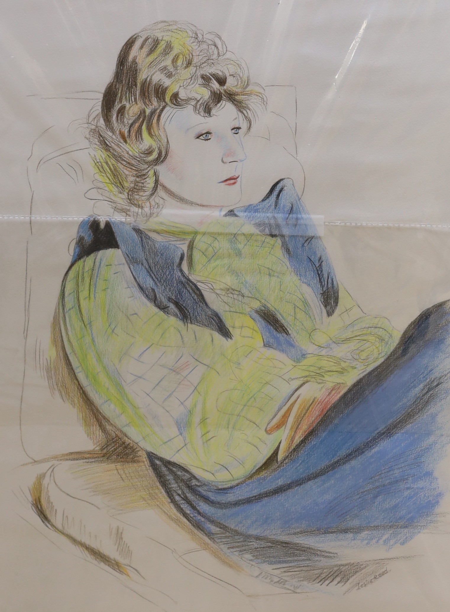 In the manner of David Hockney (b.1937), two crayon sketches, Portraits of a lady and gentleman, one inscribed Leslie Reed, mounted and unframed, largest 63 x 47cm
